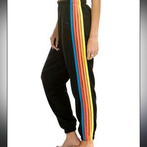 Aviator Nation Black Joggers with neon Rainbow Stripes size medium
